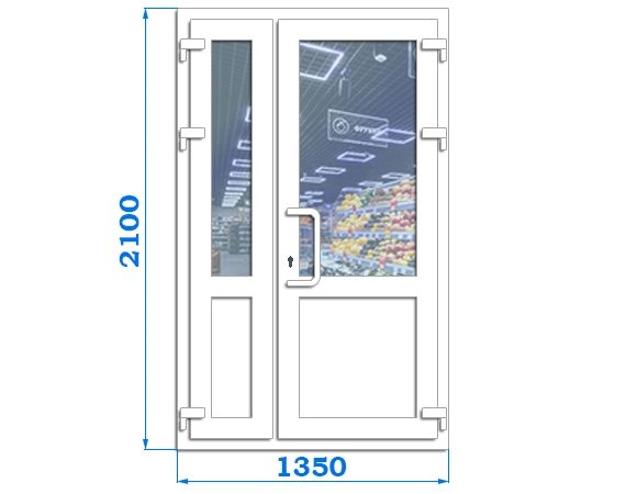 Полуторні металопластикові двері вхідні, розмір двері 1350 x 2100