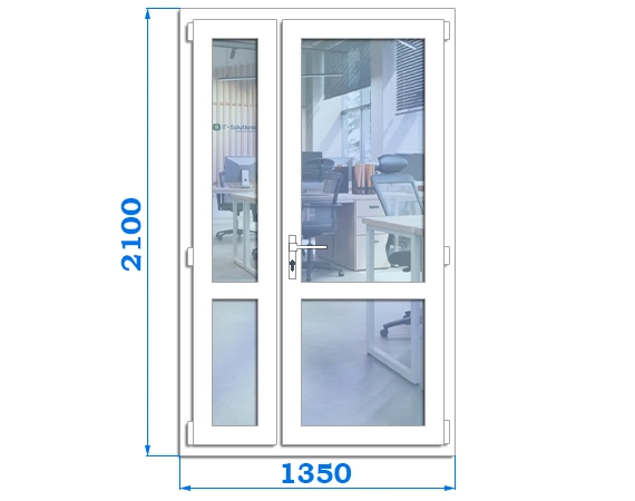 Полуторні металопластикові двері офісні, розмір двері 1350 x 2100